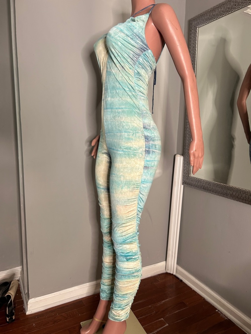 Sleeveless Tie-Dye Ruched Jumpsuit in Aqua